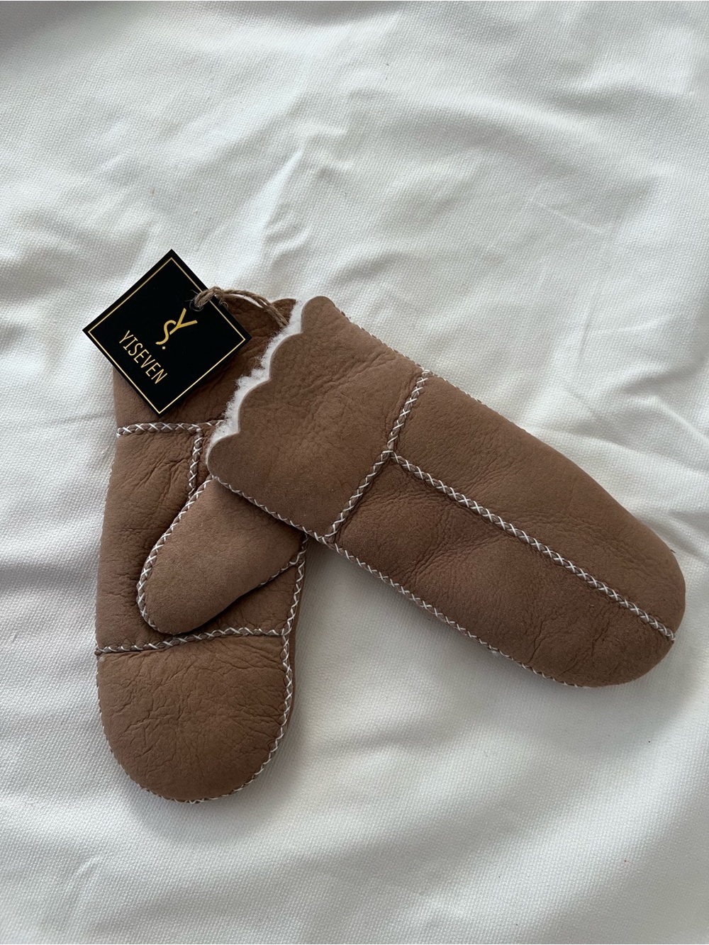 YISEVEN Genuine Sheepskin Leather Wool Mittens Camel Brown M NWT
